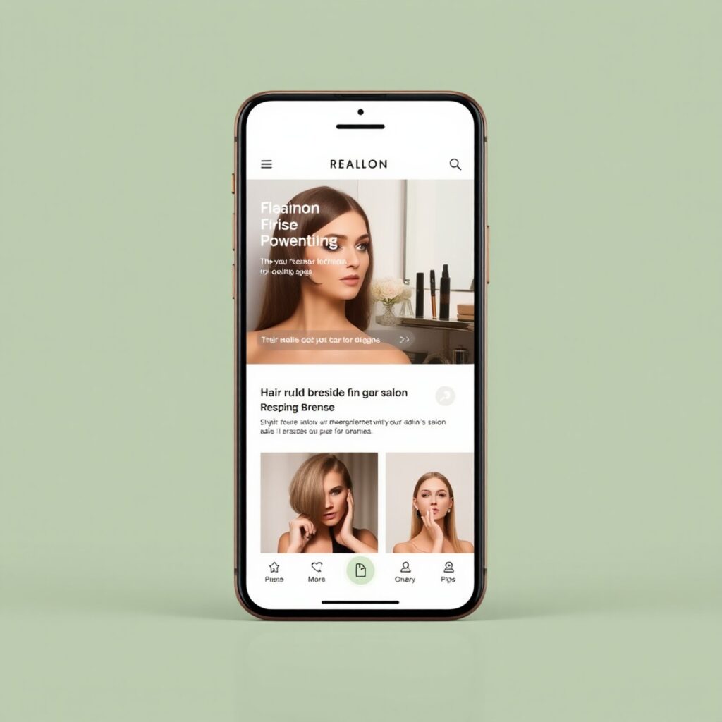 A mobile phone with a responsive salon website design.